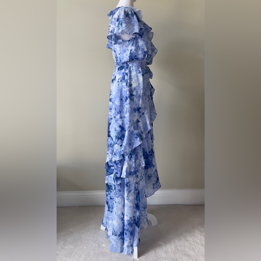Eliza J Asymmetrical Blue Floral Ruffle Cap Sleeve Surplice V Neck Maxi Dress - Picture 6 of 11